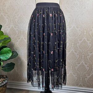 Miami Size Small Black Floral Embroidered Sheer Overlay Skirt Elastic Waist EUC